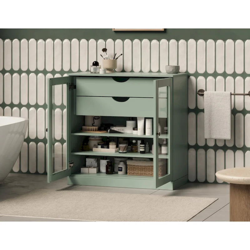 Meuble de salle de bain Palace Imports 100 % en bois massif de 32 po avec portes en verre transparent, 2 tiroirs et tablettes réglables