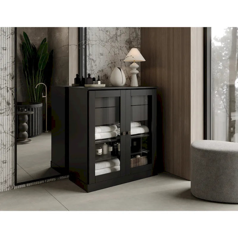 Meuble de salle de bain Palace Imports 100 % en bois massif de 32 po avec portes en verre transparent, 2 tiroirs et tablettes réglables