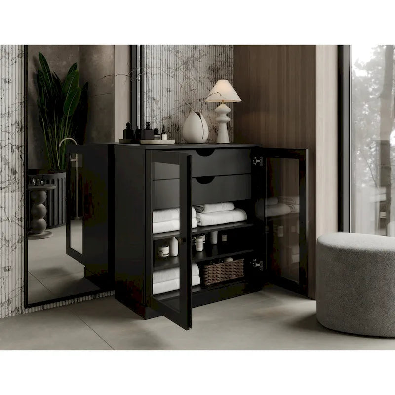 Meuble de salle de bain Palace Imports 100 % en bois massif de 32 po avec portes en verre transparent, 2 tiroirs et tablettes réglables