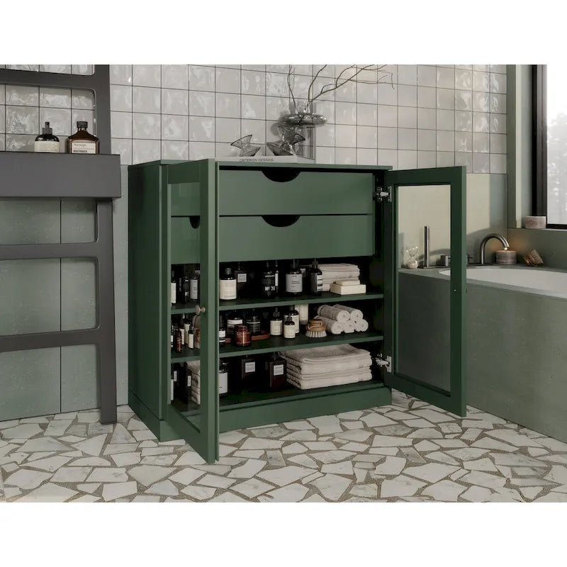 Meuble de salle de bain Palace Imports 100 % en bois massif de 32 po avec portes en verre transparent, 2 tiroirs et tablettes réglables