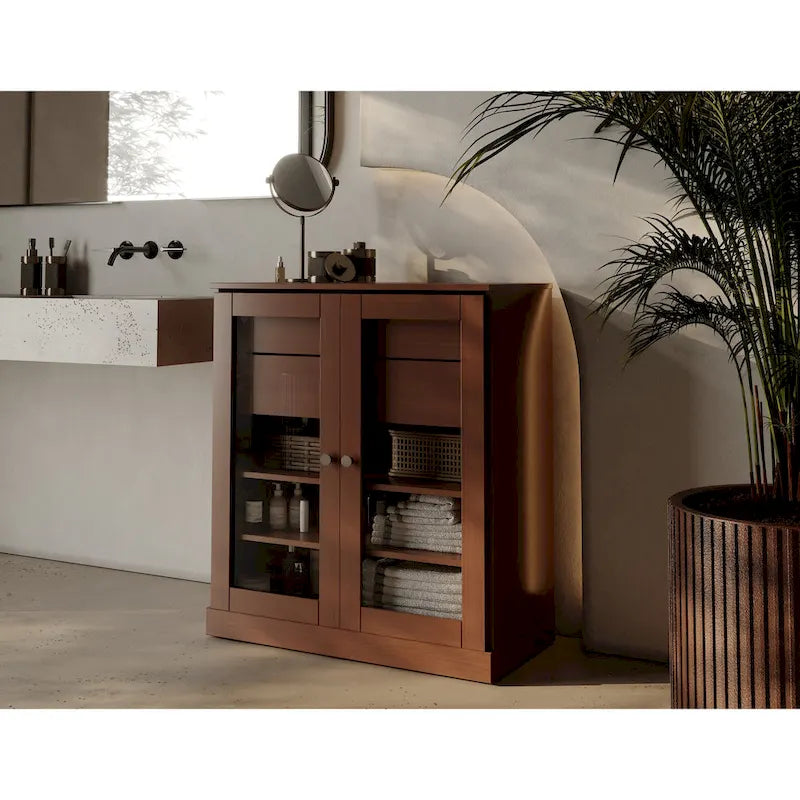 Meuble de salle de bain Palace Imports 100 % en bois massif de 32 po avec portes en verre transparent, 2 tiroirs et tablettes réglables