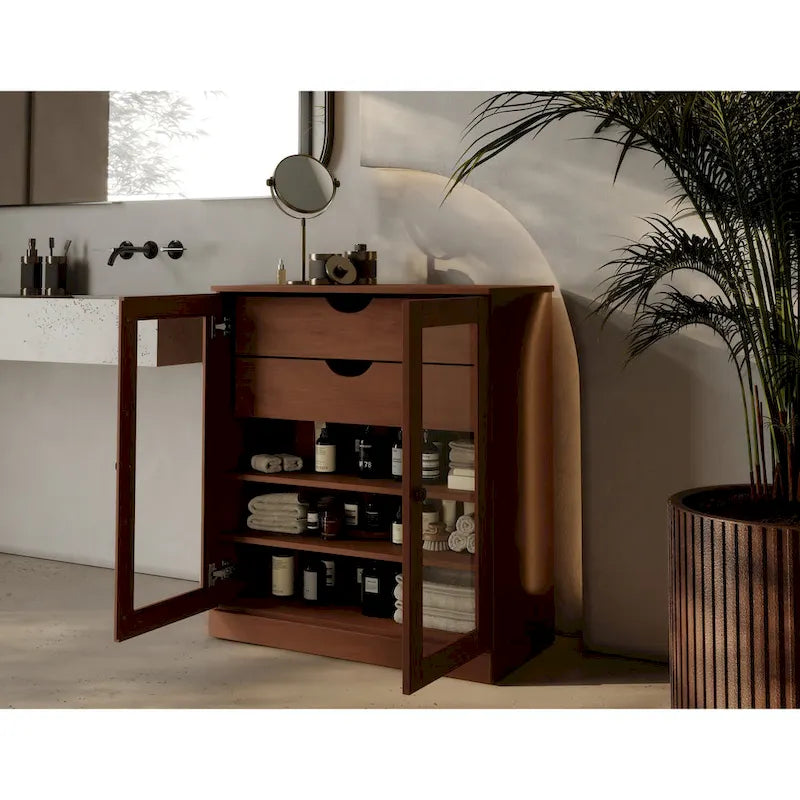 Meuble de salle de bain Palace Imports 100 % en bois massif de 32 po avec portes en verre transparent, 2 tiroirs et tablettes réglables