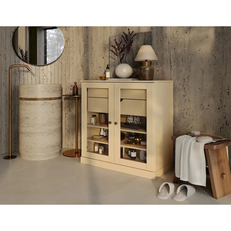 Meuble de salle de bain Palace Imports 100 % en bois massif de 32 po avec portes en verre transparent, 2 tiroirs et tablettes réglables