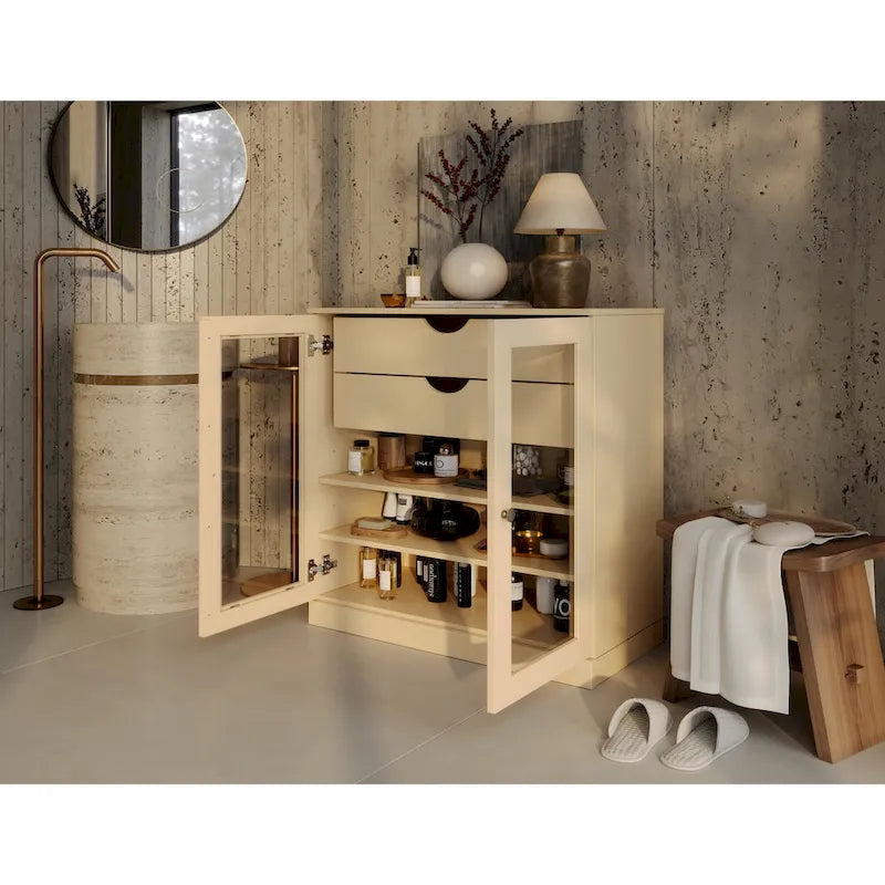 Meuble de salle de bain Palace Imports 100 % en bois massif de 32 po avec portes en verre transparent, 2 tiroirs et tablettes réglables
