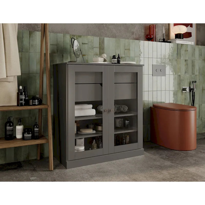 Meuble de salle de bain Palace Imports 100 % en bois massif de 32 po avec portes en verre transparent, 2 tiroirs et tablettes réglables