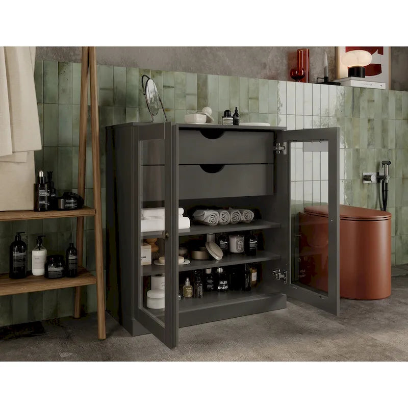 Meuble de salle de bain Palace Imports 100 % en bois massif de 32 po avec portes en verre transparent, 2 tiroirs et tablettes réglables