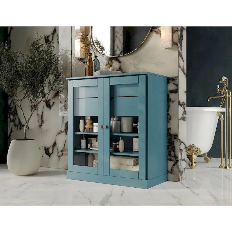 Meuble de salle de bain Palace Imports 100 % en bois massif de 32 po avec portes en verre transparent, 2 tiroirs et tablettes réglables