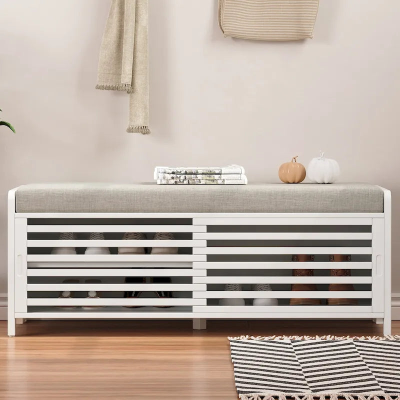 Banc d'entrée avec rangement et coussin, banc à chaussures avec porte coulissante, meuble de rangement pour chaussures pour salon, 39,1 L x 109,9 P x 41,9 H cm