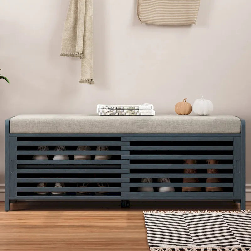 Entryway Bench Storage Shoe Bench w/ Cushion & Sliding Door, Shoe Cabinet Organizer for Living Room, 15.4 W x 43.3 D x 16.5 H
