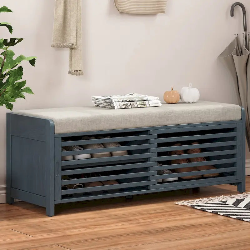 Banc d'entrée avec rangement et coussin, banc à chaussures avec porte coulissante, meuble de rangement pour chaussures pour salon, 39,1 L x 109,9 P x 41,9 H cm