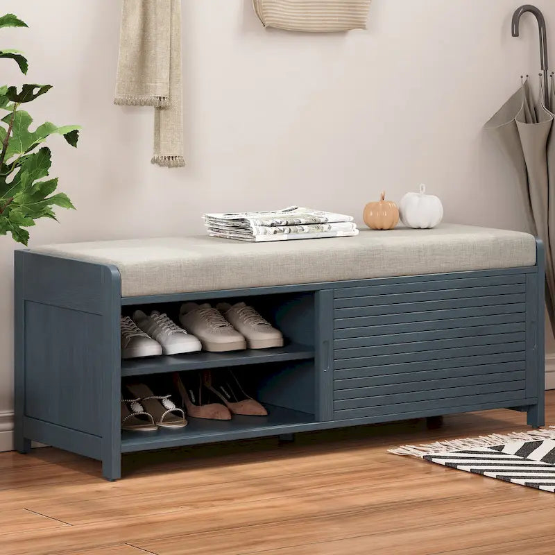 Banc d'entrée avec rangement et coussin, banc à chaussures avec porte coulissante, meuble de rangement pour chaussures pour salon, 39,1 L x 109,9 P x 41,9 H cm