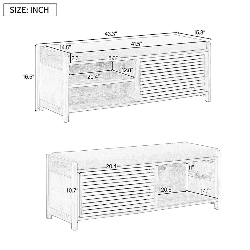 Banc d'entrée avec rangement et coussin, banc à chaussures avec porte coulissante, meuble de rangement pour chaussures pour salon, 39,1 L x 109,9 P x 41,9 H cm
