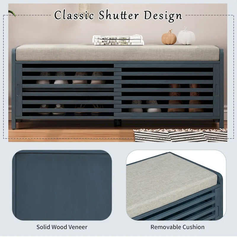 Banc d'entrée avec rangement et coussin, banc à chaussures avec porte coulissante, meuble de rangement pour chaussures pour salon, 39,1 L x 109,9 P x 41,9 H cm