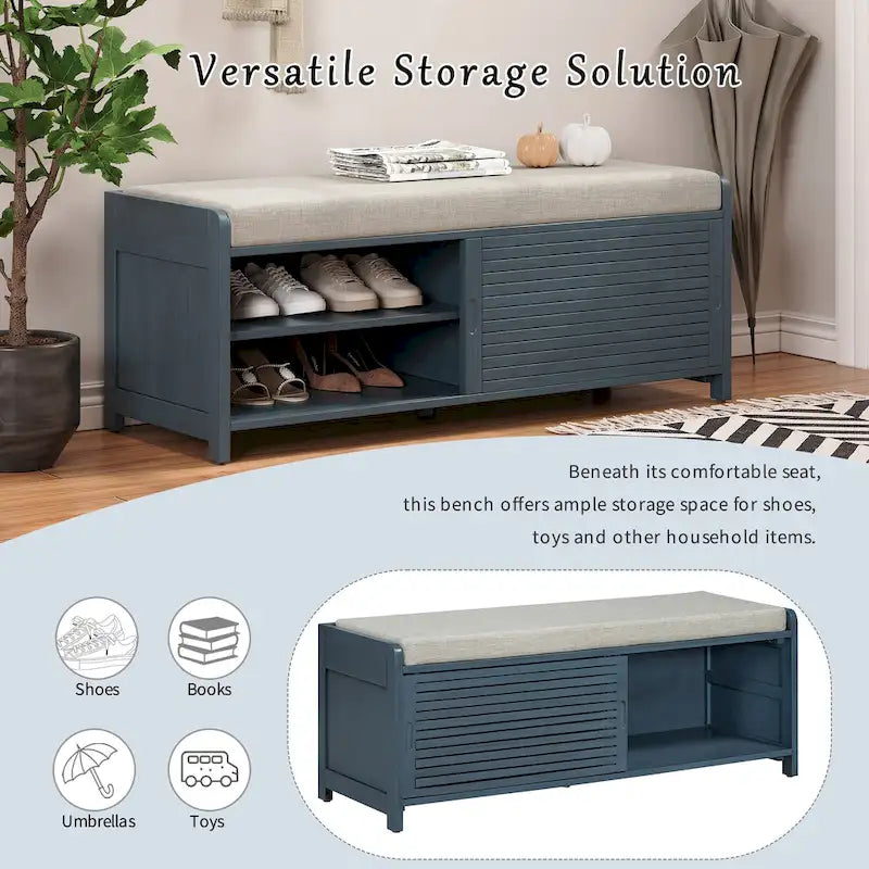 Banc d'entrée avec rangement et coussin, banc à chaussures avec porte coulissante, meuble de rangement pour chaussures pour salon, 39,1 L x 109,9 P x 41,9 H cm