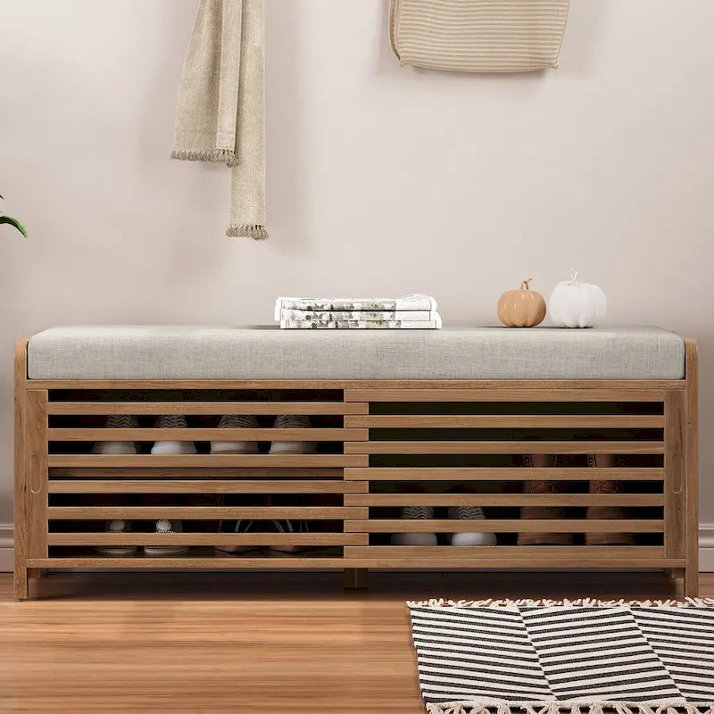 Banc d'entrée avec rangement et coussin, banc à chaussures avec porte coulissante, meuble de rangement pour chaussures pour salon, 39,1 L x 109,9 P x 41,9 H cm