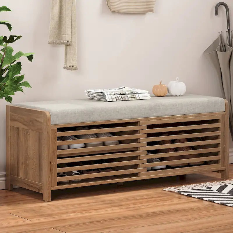 Banc d'entrée avec rangement et coussin, banc à chaussures avec porte coulissante, meuble de rangement pour chaussures pour salon, 39,1 L x 109,9 P x 41,9 H cm