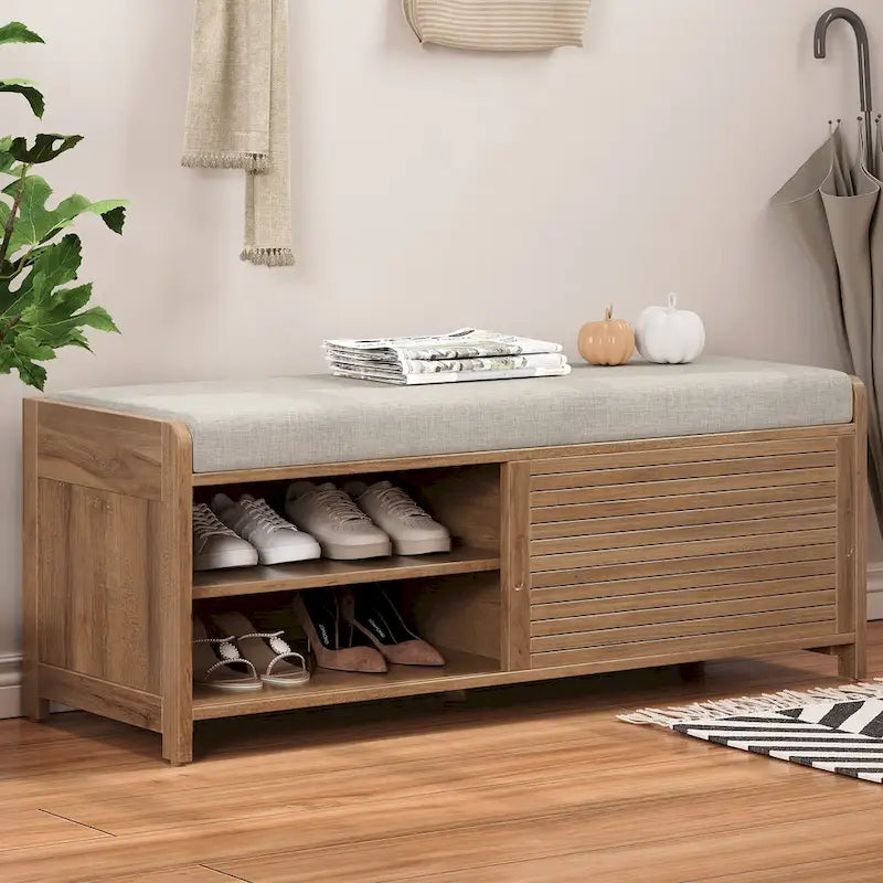 Banc d'entrée avec rangement et coussin, banc à chaussures avec porte coulissante, meuble de rangement pour chaussures pour salon, 39,1 L x 109,9 P x 41,9 H cm