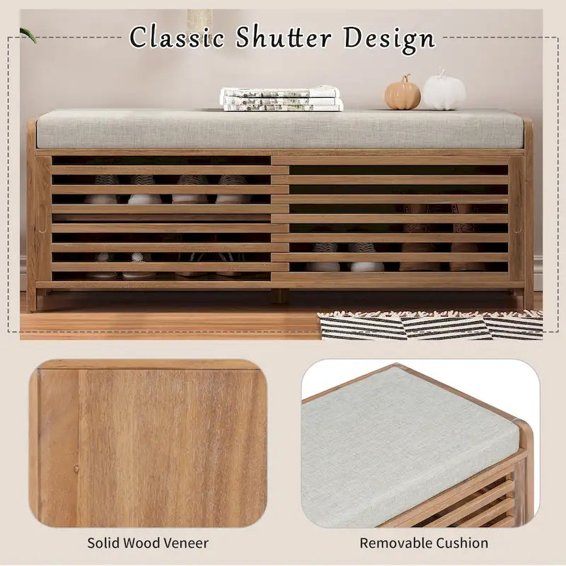 Banc d'entrée avec rangement et coussin, banc à chaussures avec porte coulissante, meuble de rangement pour chaussures pour salon, 39,1 L x 109,9 P x 41,9 H cm
