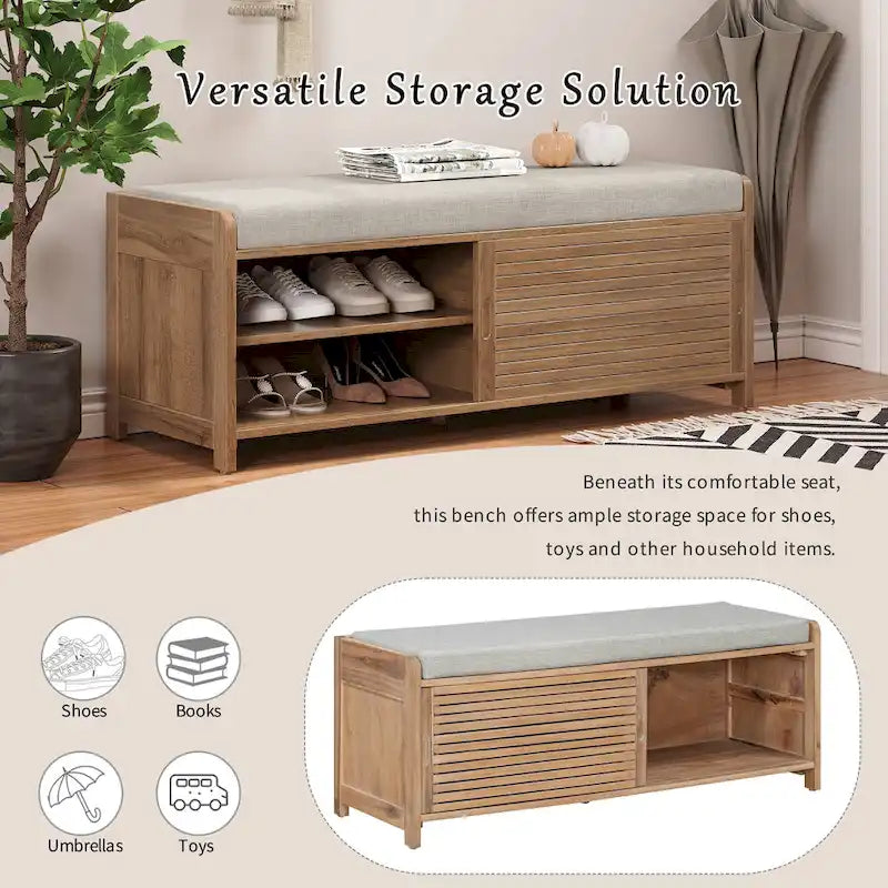 Banc d'entrée avec rangement et coussin, banc à chaussures avec porte coulissante, meuble de rangement pour chaussures pour salon, 39,1 L x 109,9 P x 41,9 H cm