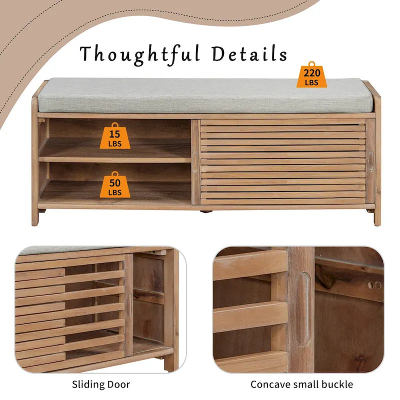Banc d'entrée avec rangement et coussin, banc à chaussures avec porte coulissante, meuble de rangement pour chaussures pour salon, 39,1 L x 109,9 P x 41,9 H cm