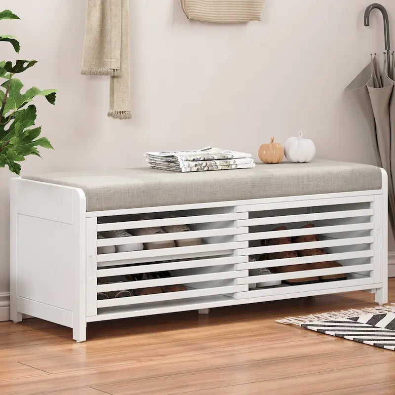 Banc d'entrée avec rangement et coussin, banc à chaussures avec porte coulissante, meuble de rangement pour chaussures pour salon, 39,1 L x 109,9 P x 41,9 H cm