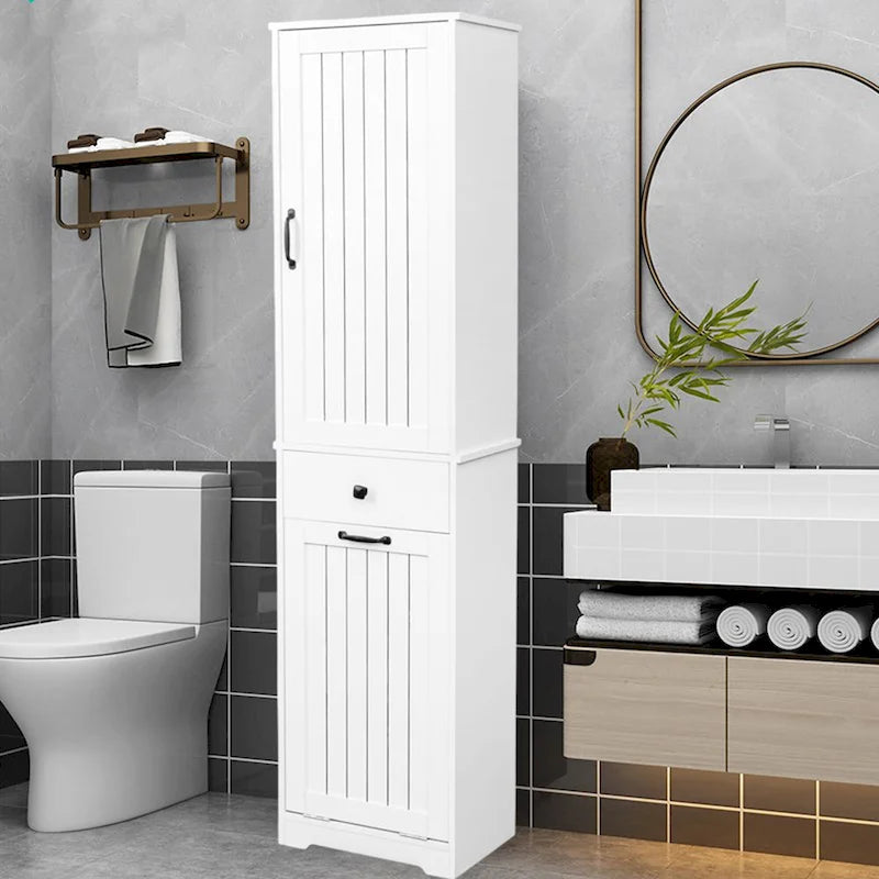 Meuble de buanderie avec portes et 1 tiroir, panier à linge basculant, étagère réglable, armoire à linge