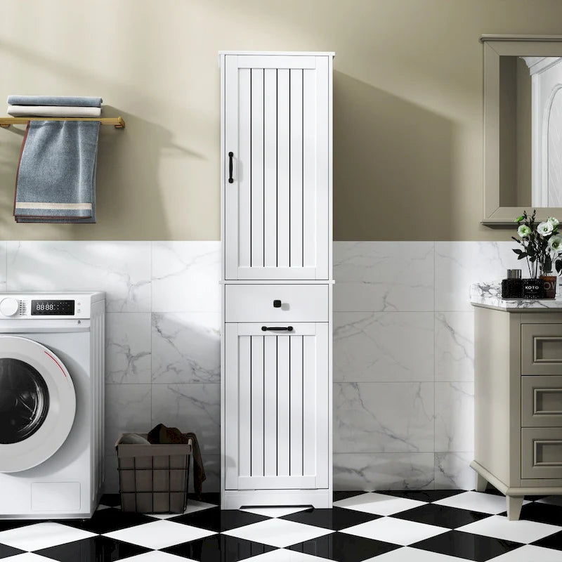 Meuble de buanderie avec portes et 1 tiroir, panier à linge basculant, étagère réglable, armoire à linge
