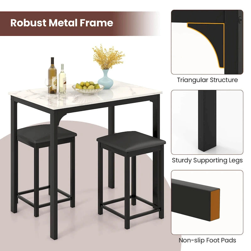 Costway Ensemble de salle à manger 3 pièces hauteur comptoir table plateau imitation marbre 2 chaises