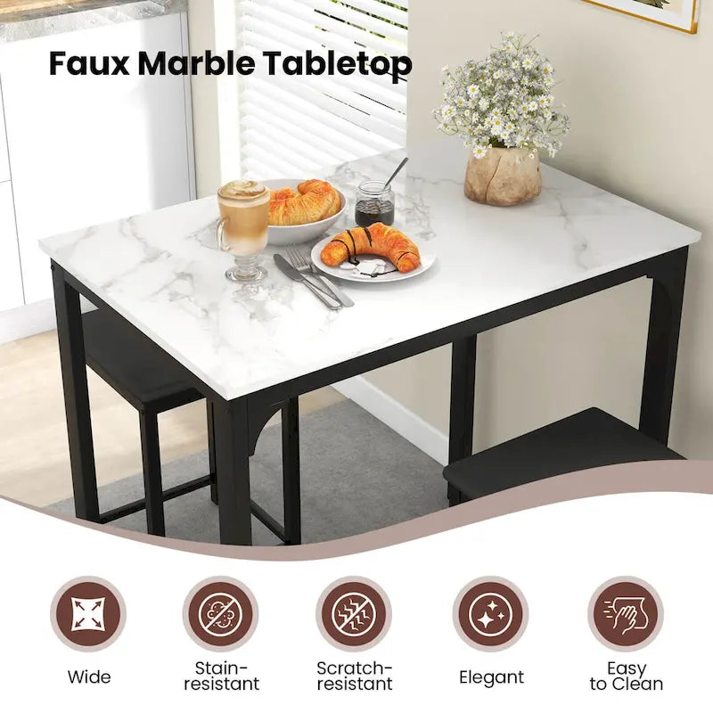 Costway Ensemble de salle à manger 3 pièces hauteur comptoir table plateau imitation marbre 2 chaises