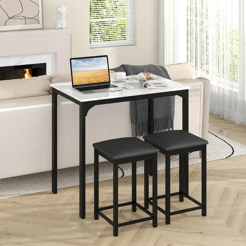 Costway Ensemble de salle à manger 3 pièces hauteur comptoir table plateau imitation marbre 2 chaises
