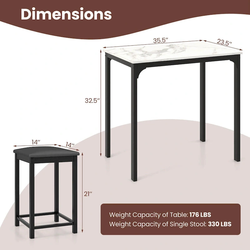 Costway Ensemble de salle à manger 3 pièces hauteur comptoir table plateau imitation marbre 2 chaises