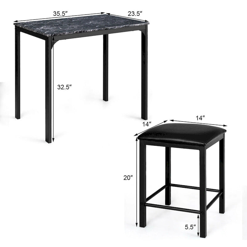 Costway Ensemble de salle à manger 3 pièces hauteur comptoir table plateau imitation marbre 2 chaises