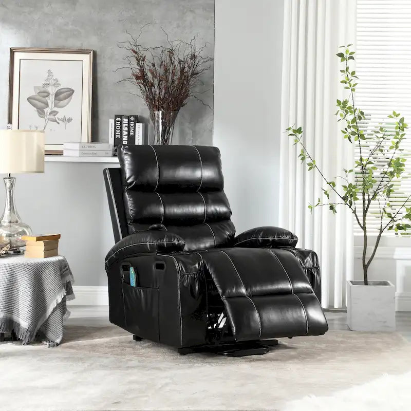 Fauteuil releveur inclinable électrique de massage chauffant avec siège large, poches latérales, porte-gobelets et minuterie pour personnes âgées