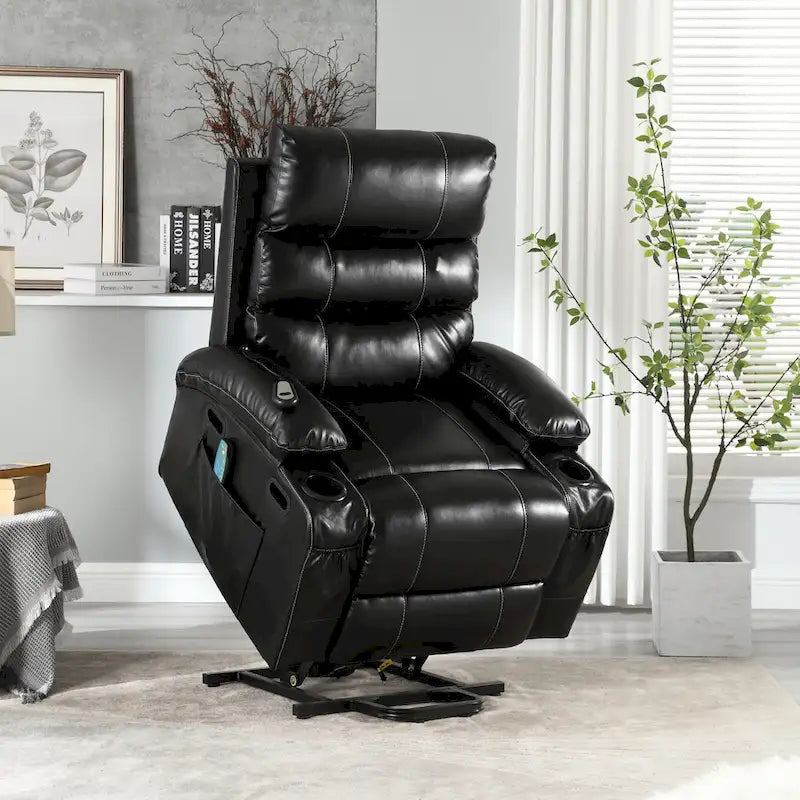 Fauteuil releveur inclinable électrique de massage chauffant avec siège large, poches latérales, porte-gobelets et minuterie pour personnes âgées