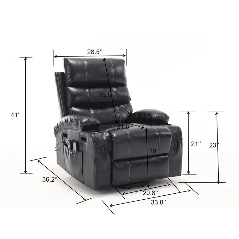 Fauteuil releveur inclinable électrique de massage chauffant avec siège large, poches latérales, porte-gobelets et minuterie pour personnes âgées