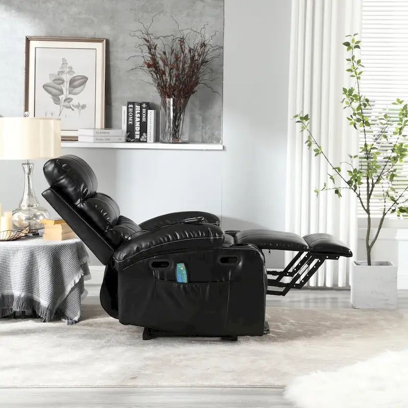 Fauteuil releveur inclinable électrique de massage chauffant avec siège large, poches latérales, porte-gobelets et minuterie pour personnes âgées