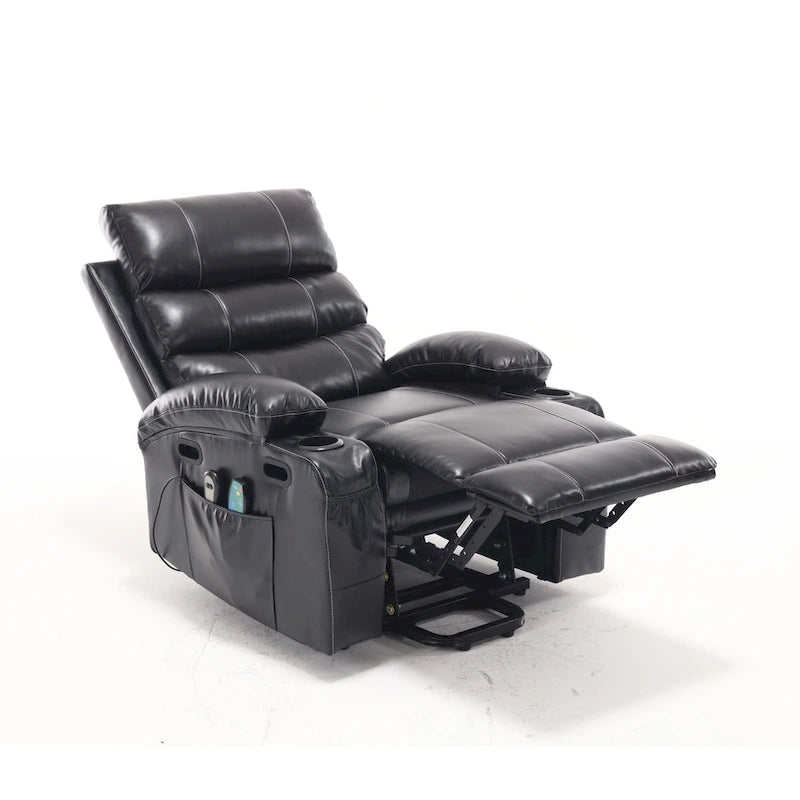Fauteuil releveur inclinable électrique de massage chauffant avec siège large, poches latérales, porte-gobelets et minuterie pour personnes âgées