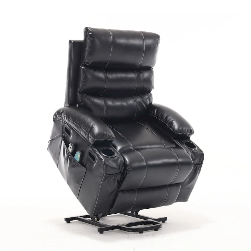 Fauteuil releveur inclinable électrique de massage chauffant avec siège large, poches latérales, porte-gobelets et minuterie pour personnes âgées