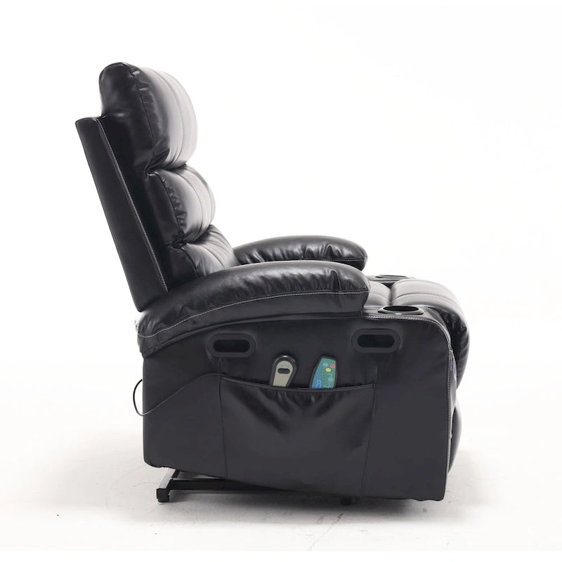 Fauteuil releveur inclinable électrique de massage chauffant avec siège large, poches latérales, porte-gobelets et minuterie pour personnes âgées
