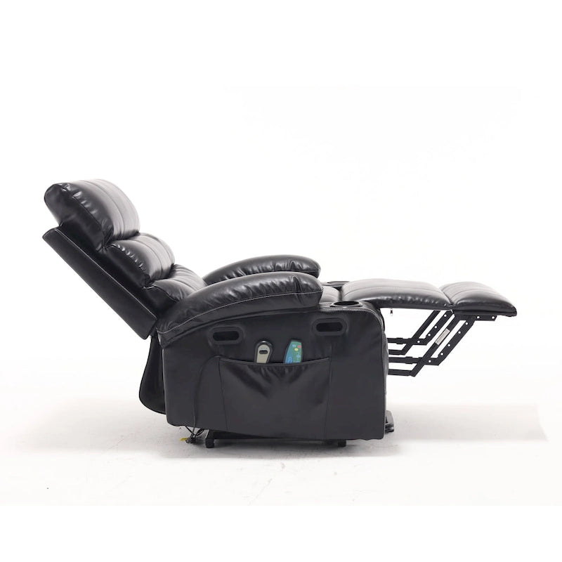 Fauteuil releveur inclinable électrique de massage chauffant avec siège large, poches latérales, porte-gobelets et minuterie pour personnes âgées