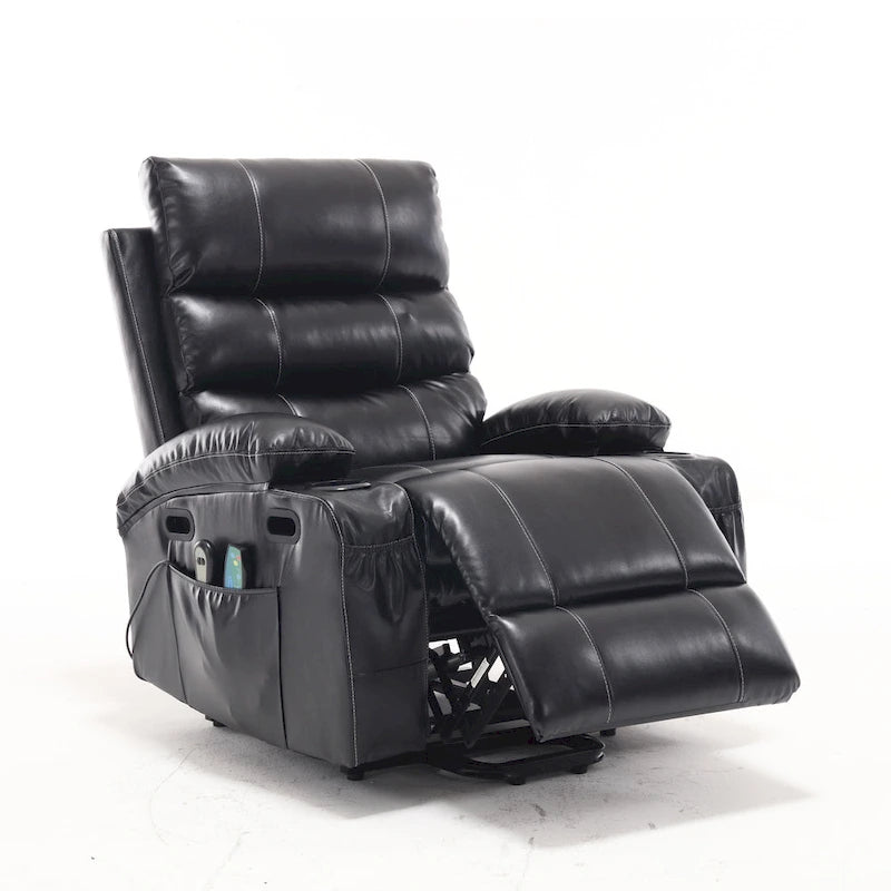 Fauteuil releveur inclinable électrique de massage chauffant avec siège large, poches latérales, porte-gobelets et minuterie pour personnes âgées
