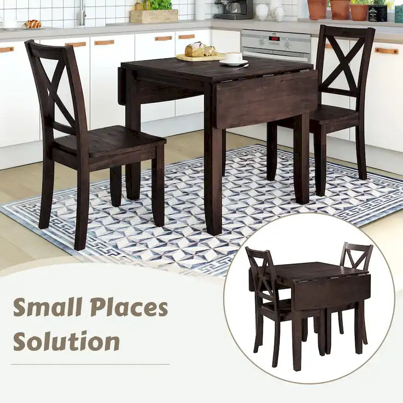 Ensemble table de salle à manger et chaises pour petit appartement avec table de salle à manger à abattants et 2 chaises à dossier en X pour cuisine