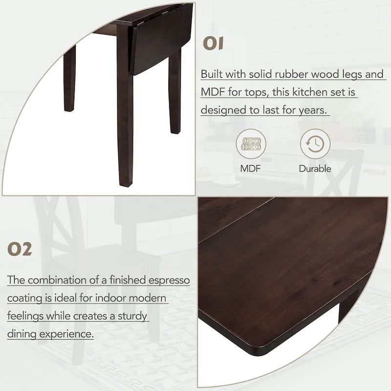 Ensemble table de salle à manger et chaises pour petit appartement avec table de salle à manger à abattants et 2 chaises à dossier en X pour cuisine