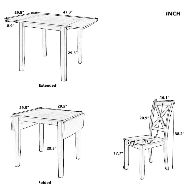 Ensemble table de salle à manger et chaises pour petit appartement avec table de salle à manger à abattants et 2 chaises à dossier en X pour cuisine