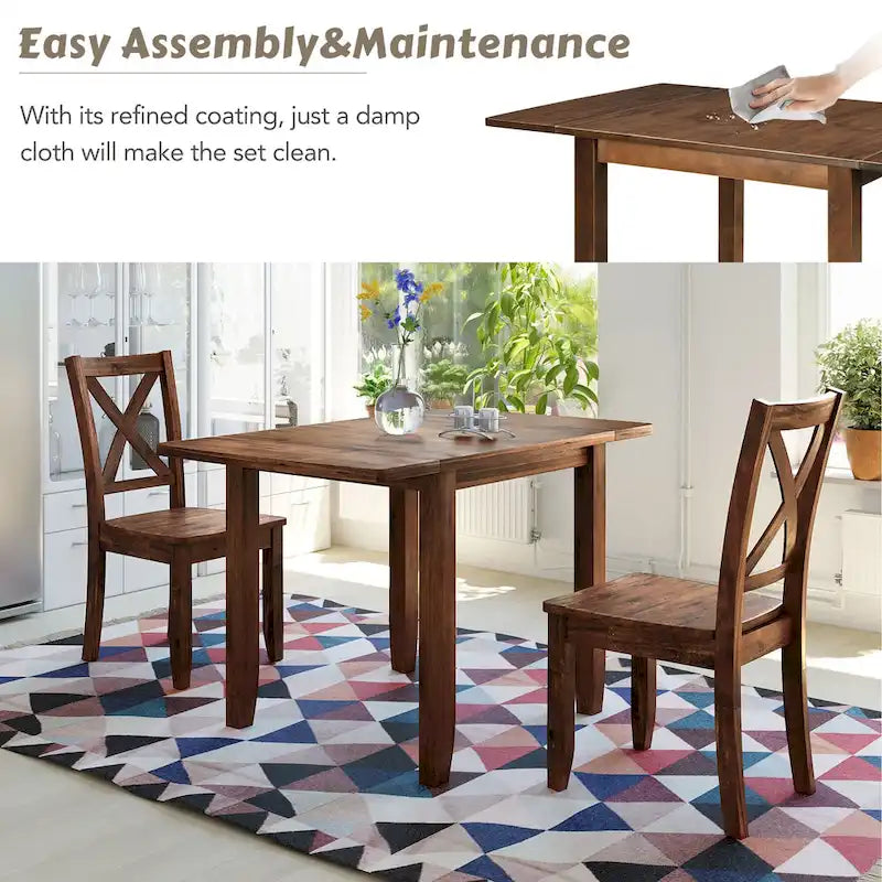 Ensemble table de salle à manger et chaises pour petit appartement avec table de salle à manger à abattants et 2 chaises à dossier en X pour cuisine