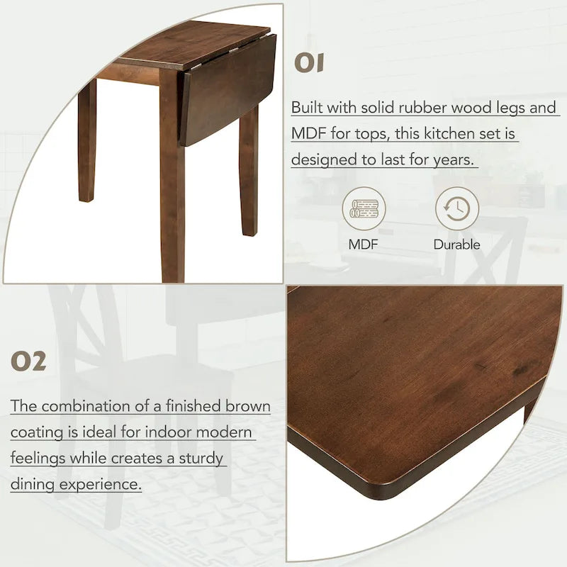 Ensemble table de salle à manger et chaises pour petit appartement avec table de salle à manger à abattants et 2 chaises à dossier en X pour cuisine