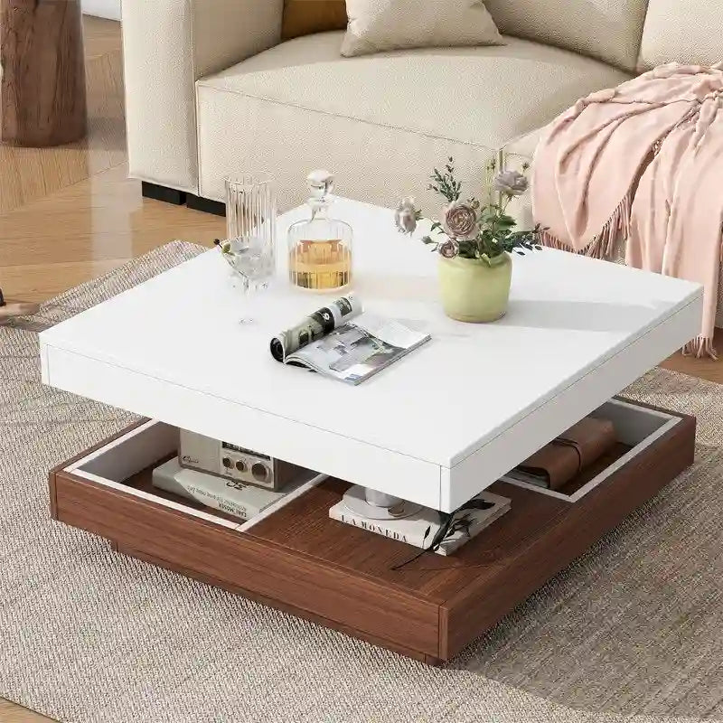 Table basse rotative 360° moderne avec 3 plateaux détachables, table basse à 2 niveaux avec rangement pour salon