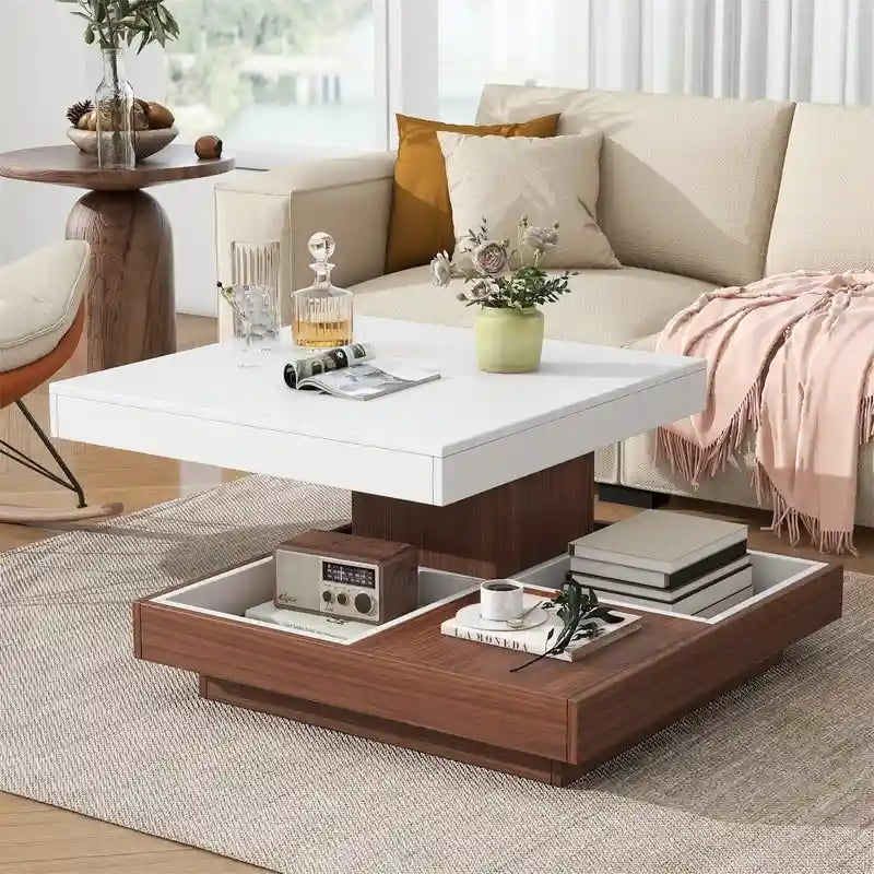 Table basse rotative 360° moderne avec 3 plateaux détachables, table basse à 2 niveaux avec rangement pour salon