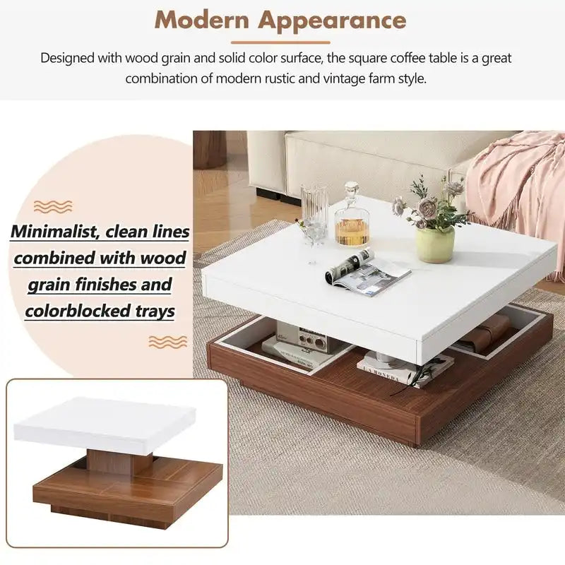 Table basse rotative 360° moderne avec 3 plateaux détachables, table basse à 2 niveaux avec rangement pour salon