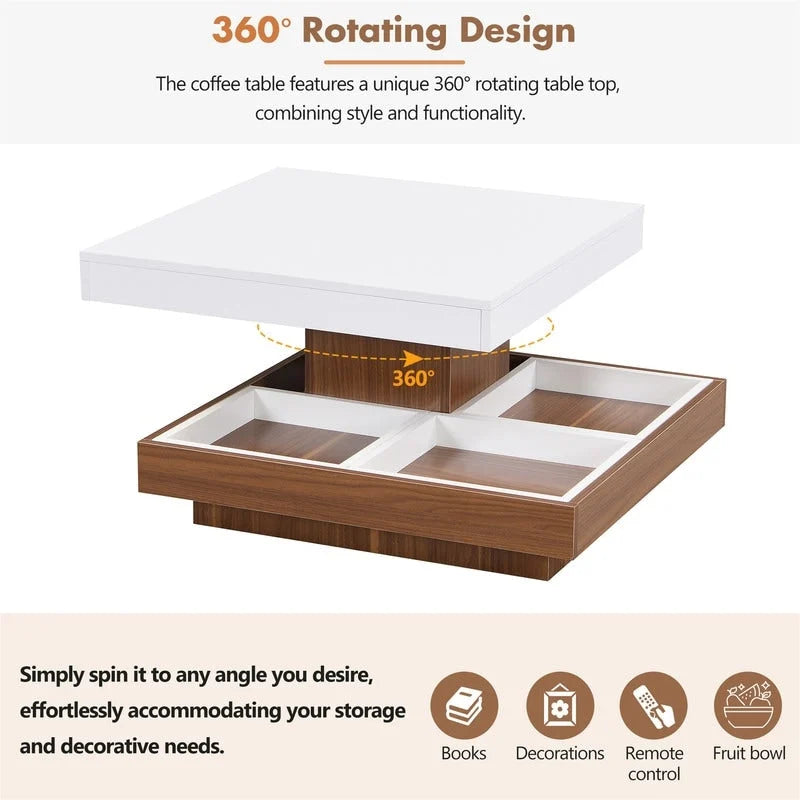 Table basse rotative 360° moderne avec 3 plateaux détachables, table basse à 2 niveaux avec rangement pour salon